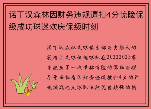 诺丁汉森林因财务违规遭扣4分惊险保级成功球迷欢庆保级时刻 诺丁汉森林因财务违规遭扣4分惊险保级成功球迷欢庆保级时刻